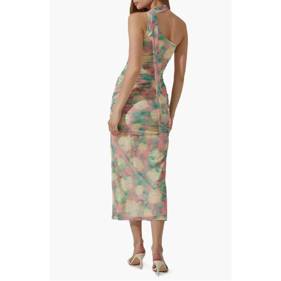 ASTR the Label Abstract Print Asymmetric Midi Green Pink Ruched Dress Size XL - Picture 7 of 15